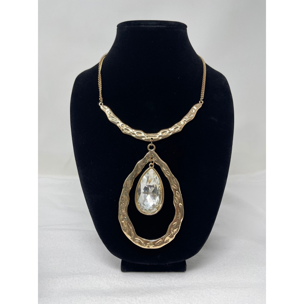 Unbranded Women Teardrop Pendant Necklace OS Gold Hammered Crystal